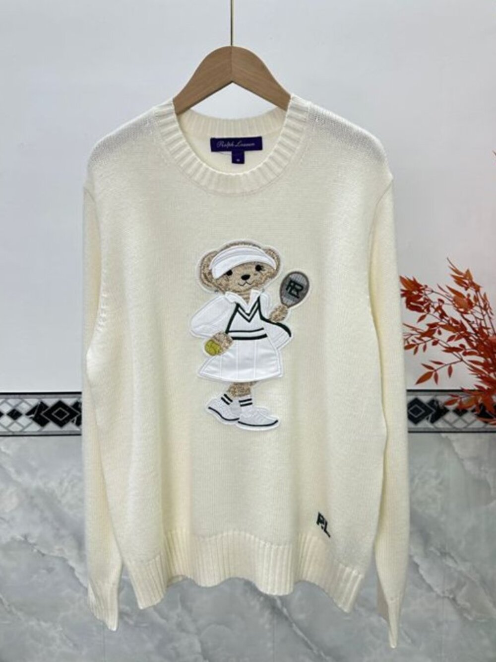 Polo Ralph Lauren Cream Bear Tennis Sweater Embroidered Crewneck Vintage
